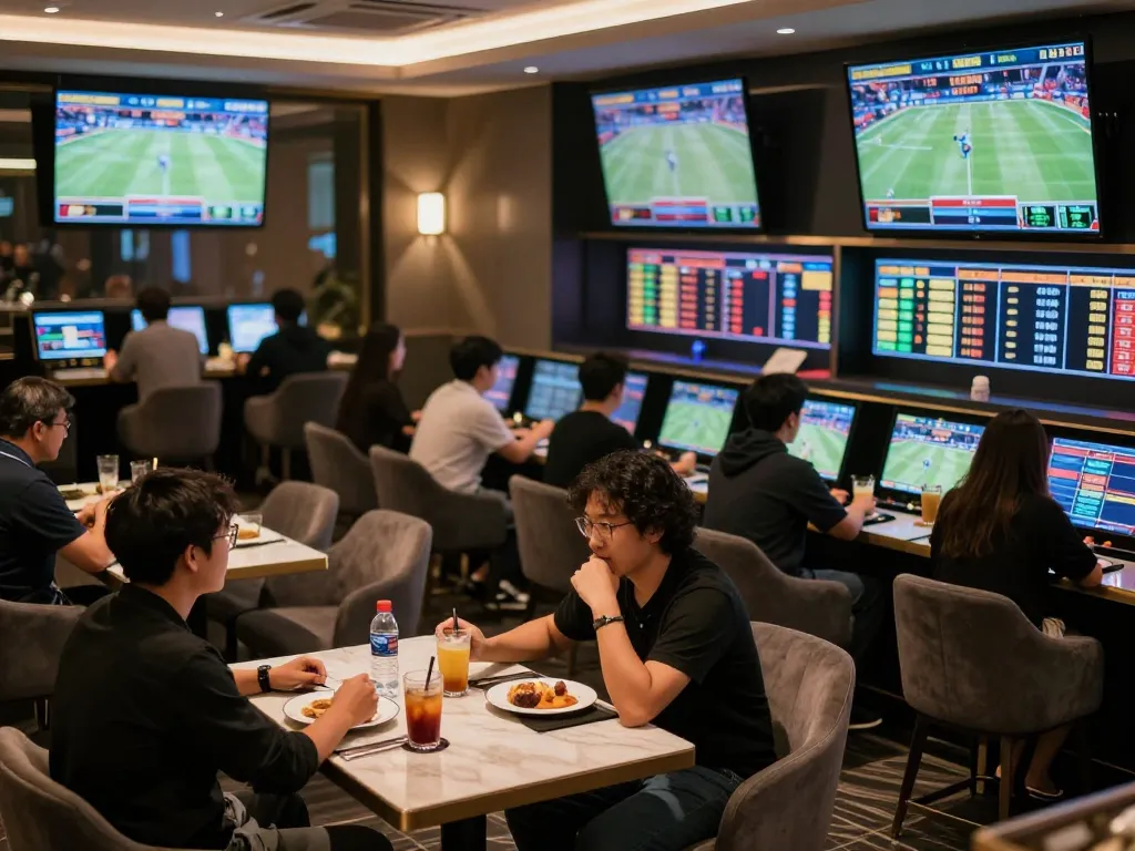 Bettors studying ty le keo nha cai in a sophisticated sports betting lounge