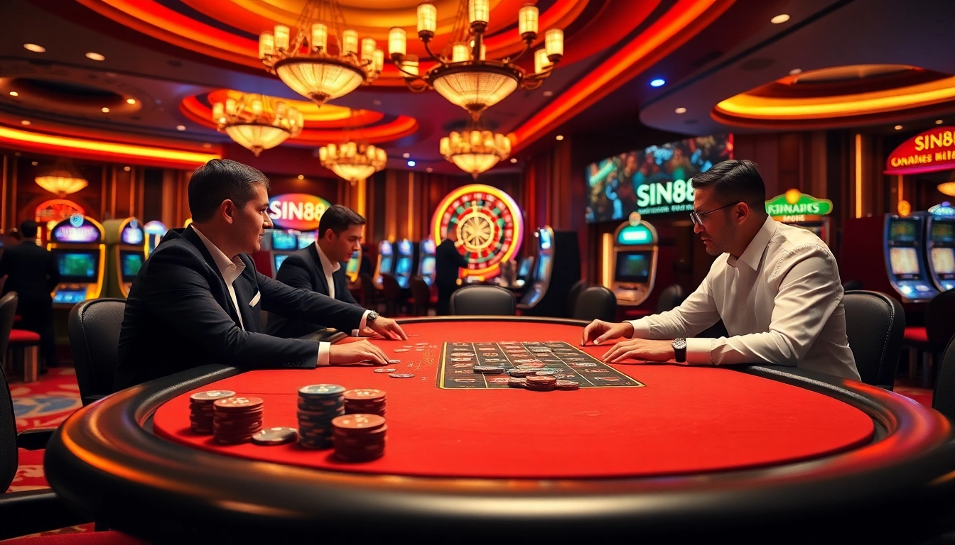SIN88 gaming table with chips and cards, capturing excitement in a luxurious casino setting.
