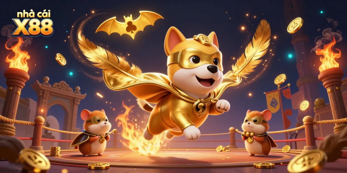 Join the excitement at nhà cái X88 with a superhero dog and hamster in an engaging gaming atmosphere.