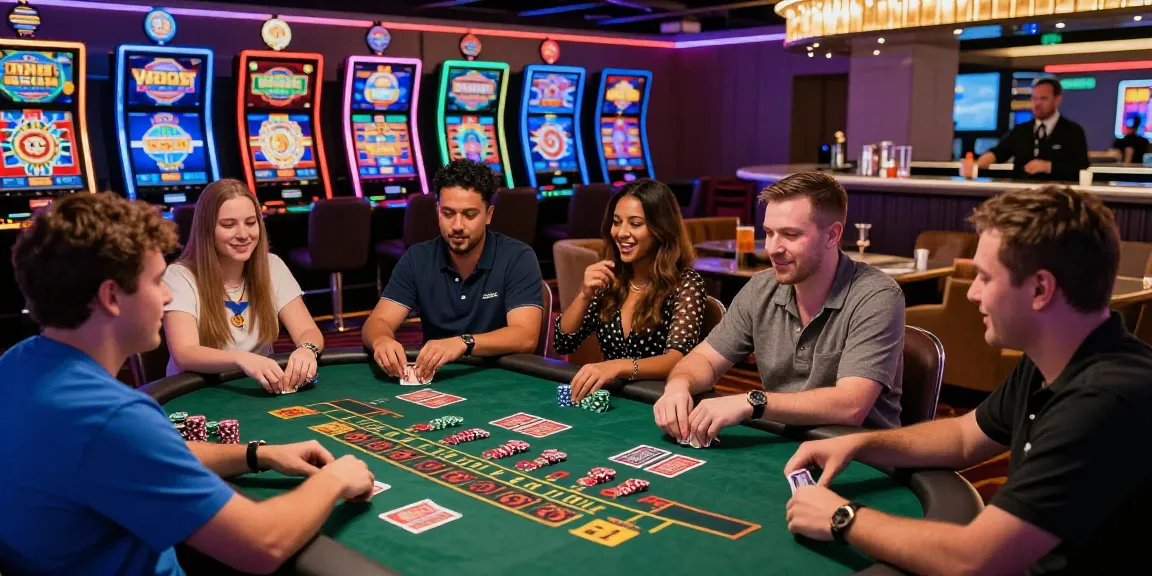 Engaged players enjoying live dealer games at vibrant credit card casinos with gaming tables, neon lights, and exciting atmosphere.