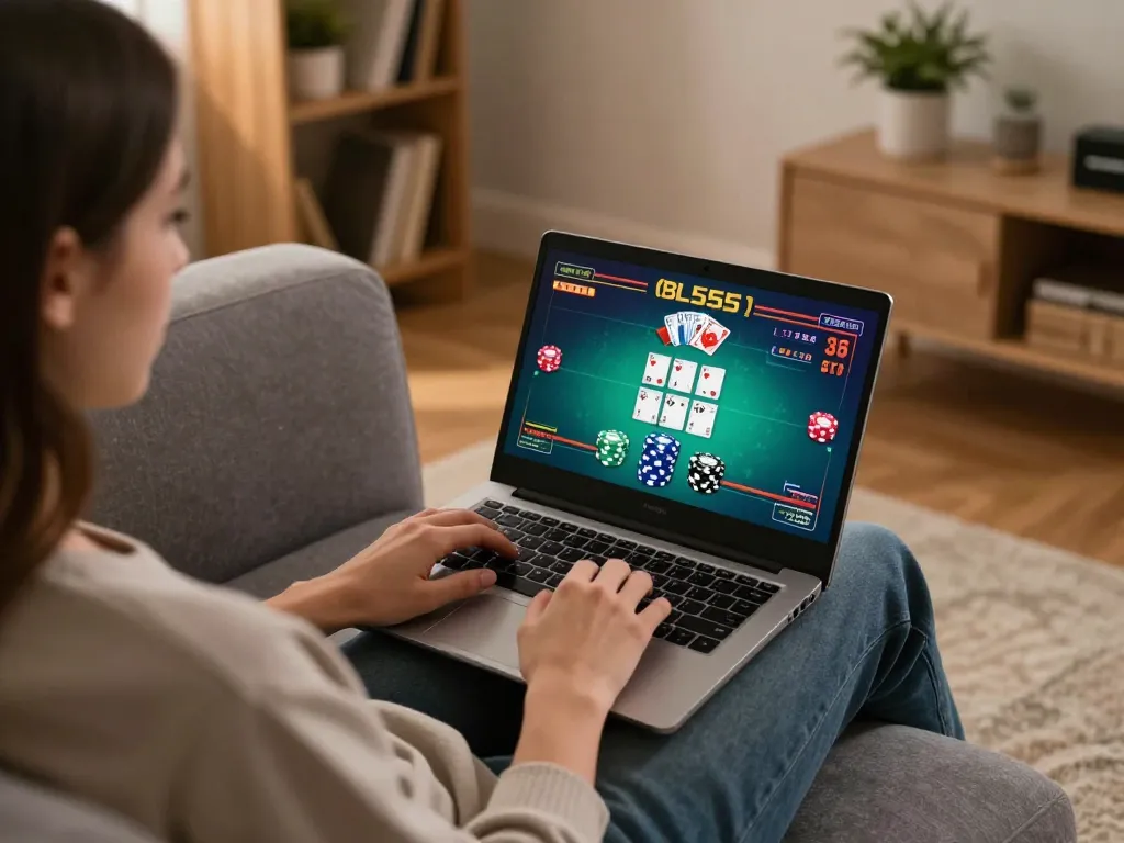 Engaged player strategizing in a cozy home setup using BL555 online casino for poker