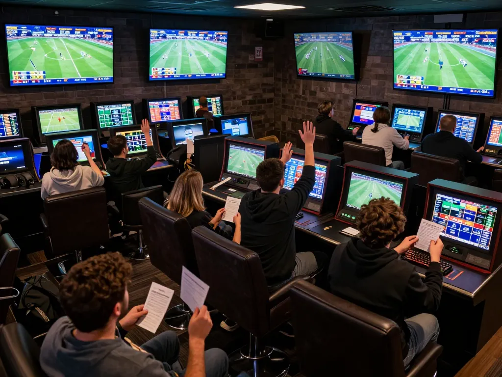 Engaged sports enthusiasts analyzing soi kèo bóng đá hôm nay in a lively betting lounge with multiple screens displaying live matches.