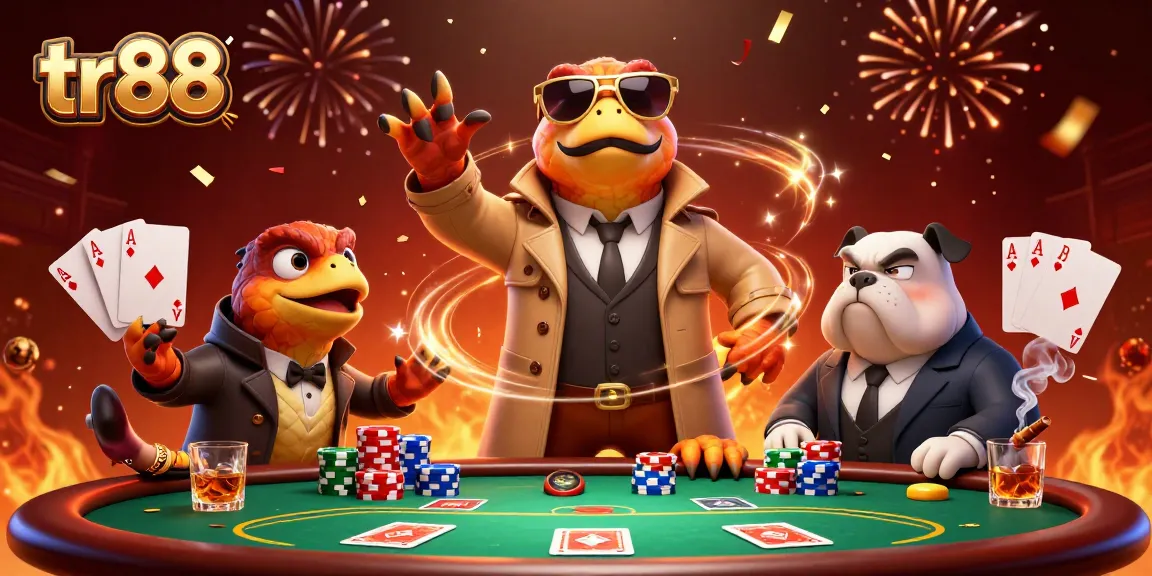 Engage with an exciting tr88 casino experience featuring raptors and a bulldog in a playful setup.