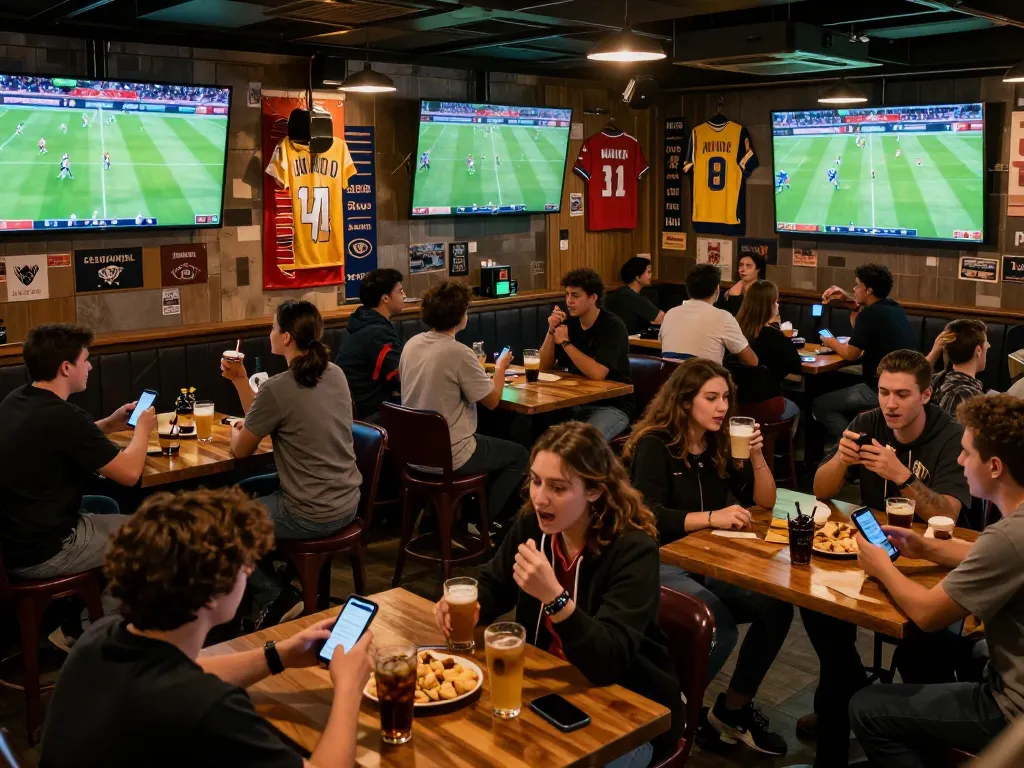 Fans engaging in sports betting on mobile devices while watching football, highlighting kèo nhà cái 5 excitement.