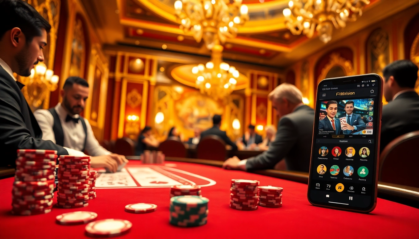 Engaging players at F168.Vision poker table, showcasing chips and cards in an elegant casino setting.