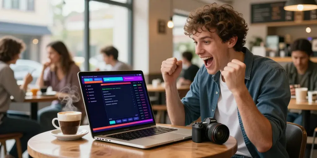 Excited individual celebrating a win with 11 bet on a laptop in a coffee shop.