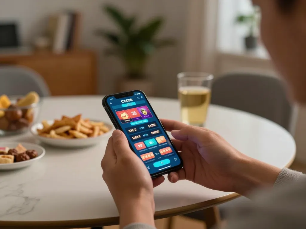 Player engaging with CM88 mobile gambling app during an exciting gaming session at home