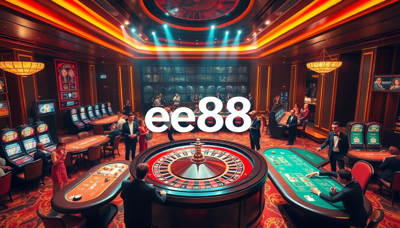Exciting gambling scene at ee88 casino with players at poker tables and a roulette wheel.