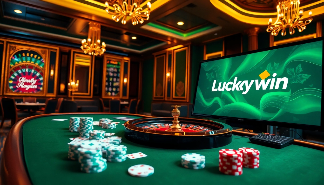 Luckywin casino table with vibrant poker chips, cards, and roulette wheel.