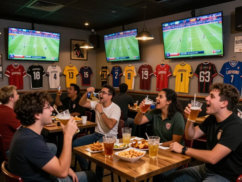 Fans enjoying live football on CakhiaTV at a sports bar, capturing the excitement