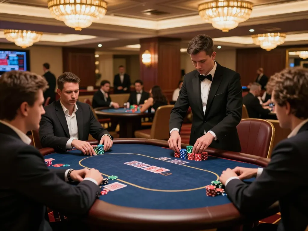 Engaged players in Hitclub's luxurious VIP gaming area strategizing bets at an upscale poker table