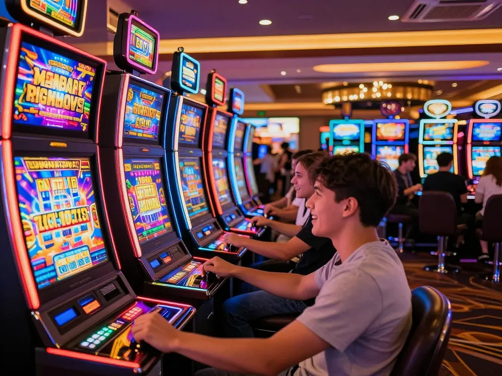 Players engaging with New88 slot machines, experiencing thrilling gameplay and vibrant casino atmosphere.