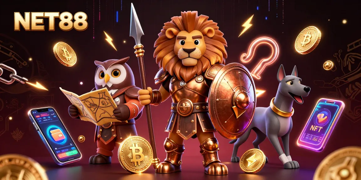 NET88 offers thrilling gaming adventures with a lion warrior, owl strategist, and greyhound messenger amidst crypto icons.