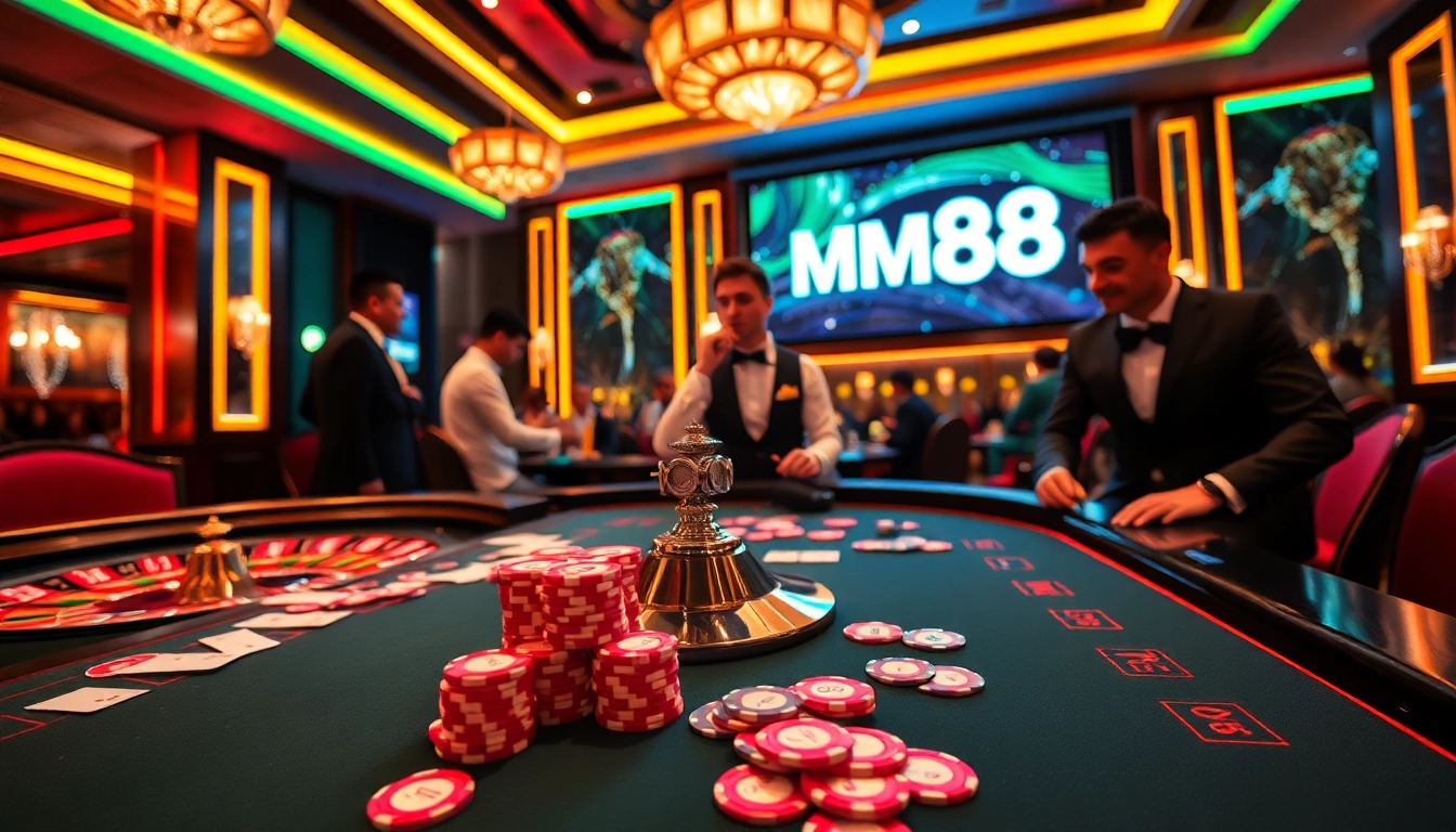 Engaging poker game at MM88 casino with vibrant chips and cards on a luxurious table.