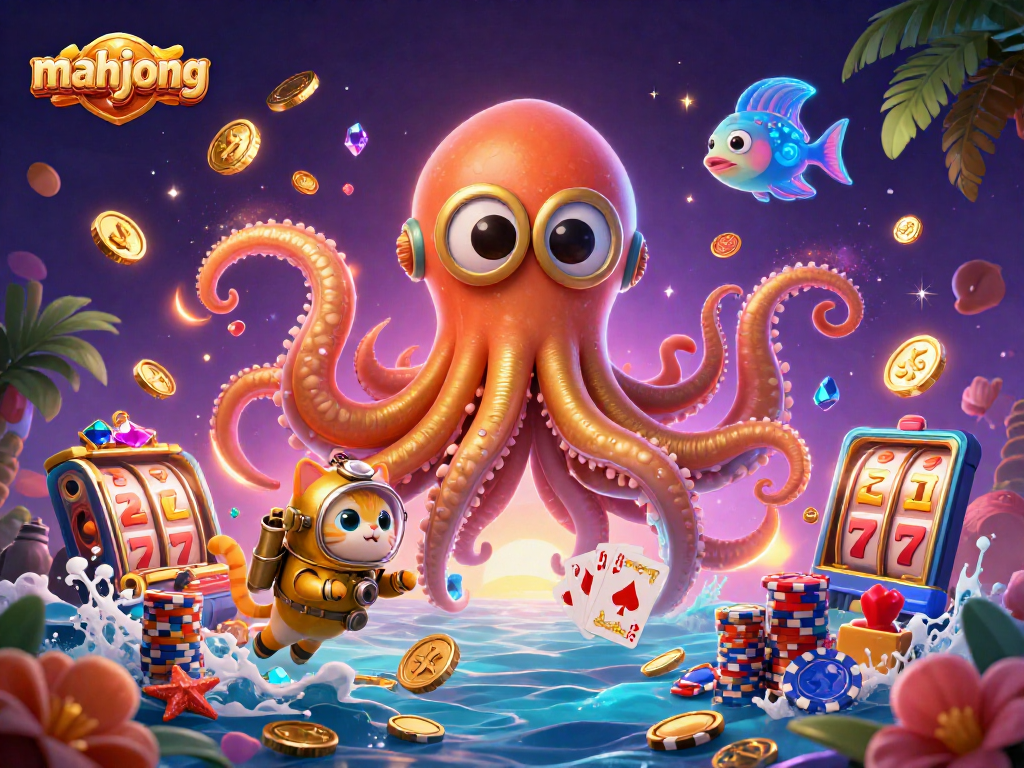 Experience mahjong with a thrilling underwater adventure featuring a kraken, diving cat, and slot machine elements.