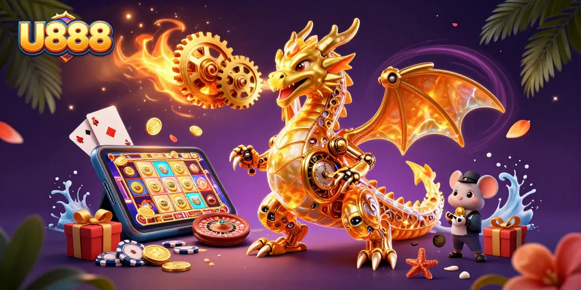 Engage with U888's thrilling golden dragon and casino excitement illustrated vividly.