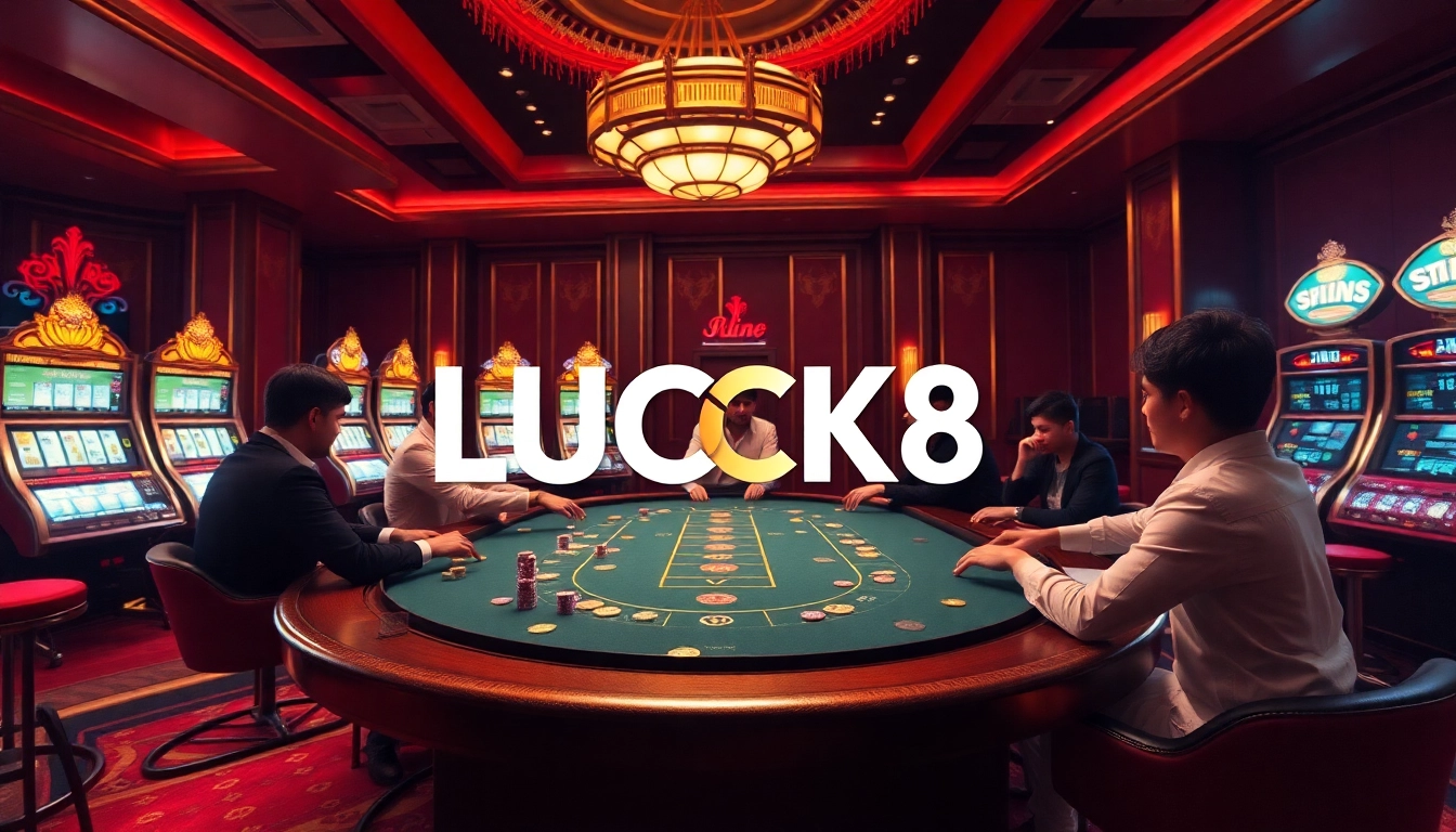 LUCK8 players enjoying high-stakes poker at an upscale casino table with vibrant chips.