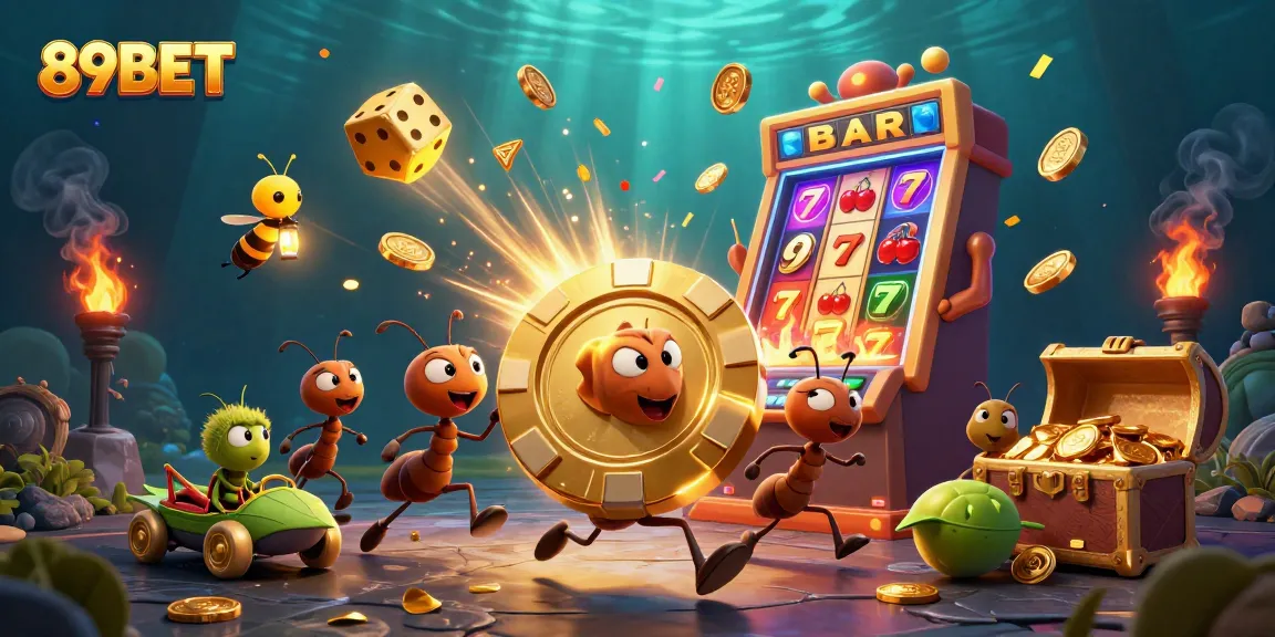 Experience rich gambling excitement at 89BET with cartoon ants carrying poker chips in a vibrant casino explosion
