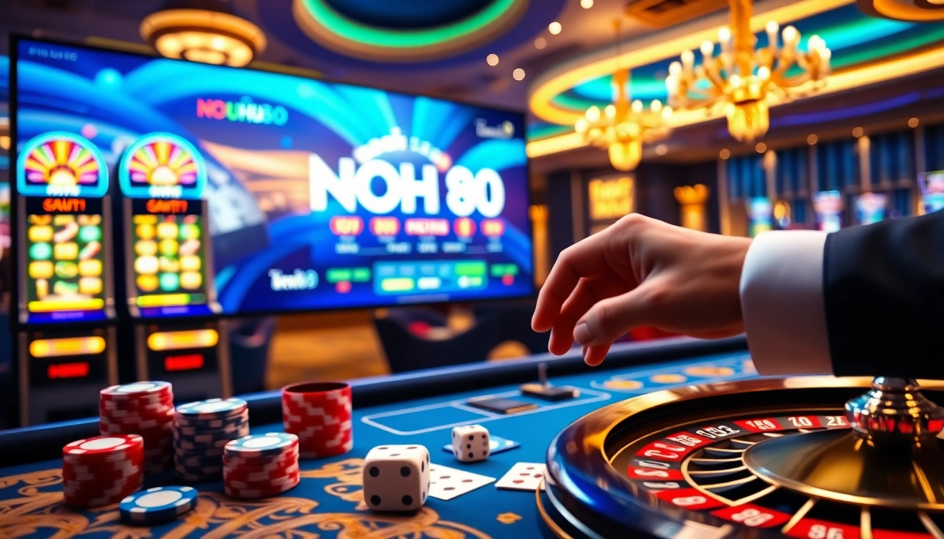 Engaging scene of players enjoying NOHU90 with vibrant gaming elements like cards and slot machines.
