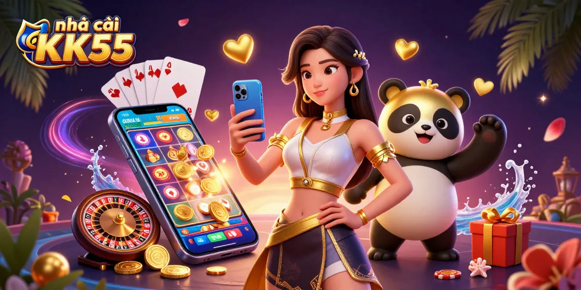 Experience the thrill of nhà cái KK55 as the Asian woman engages with immersive casino games and a golden panda mascot.