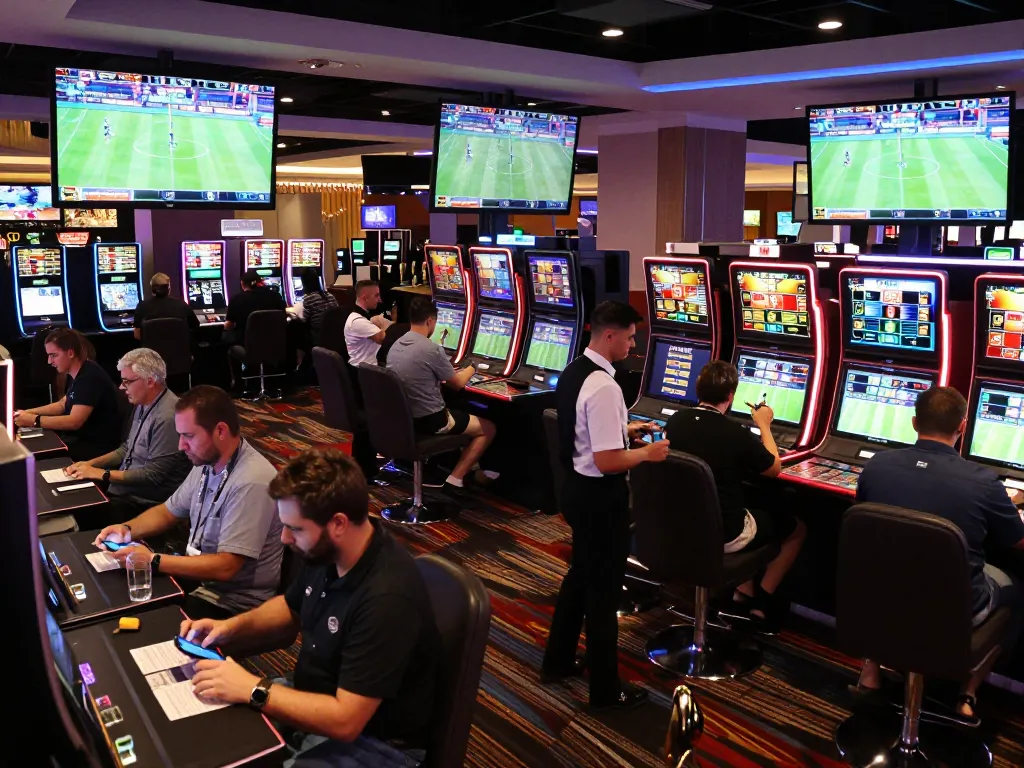 People placing bets on keonhacai5 at a vibrant sports betting venue with live screens.