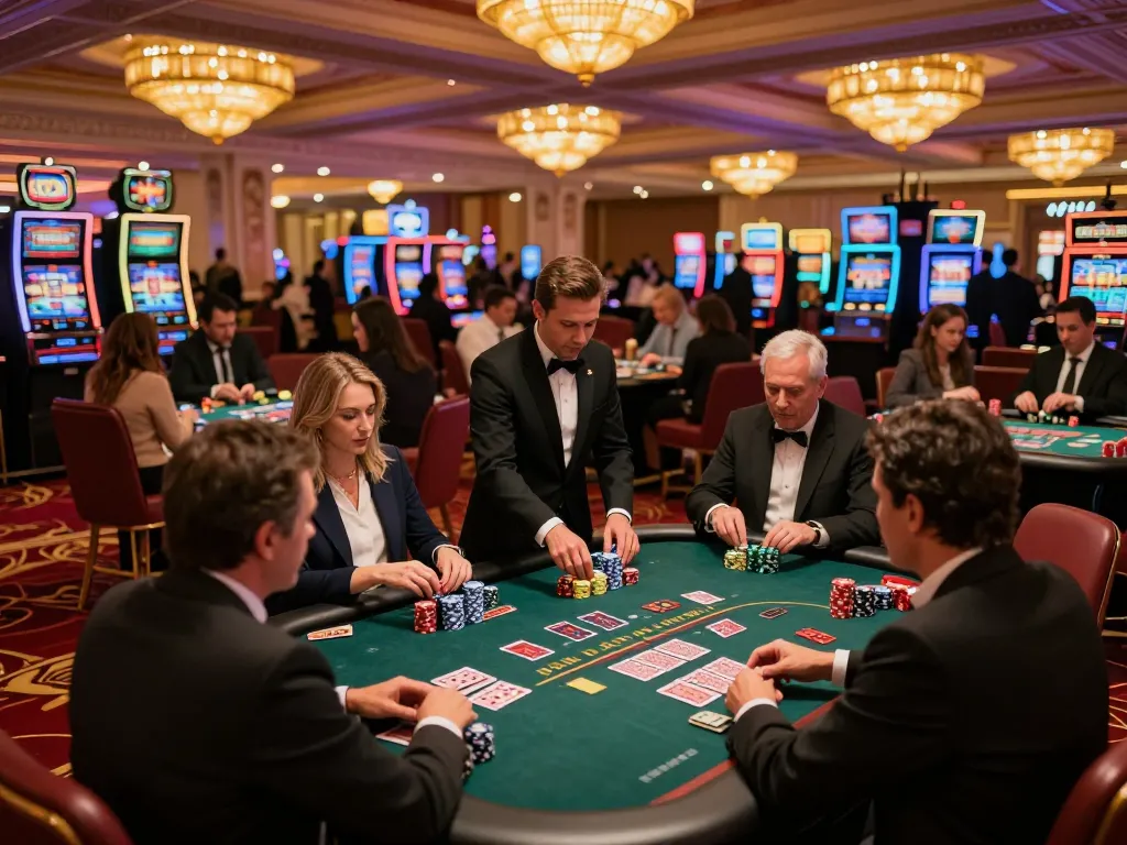 VA88 offers exciting blackjack experiences with players focused at their tables in a vibrant casino.