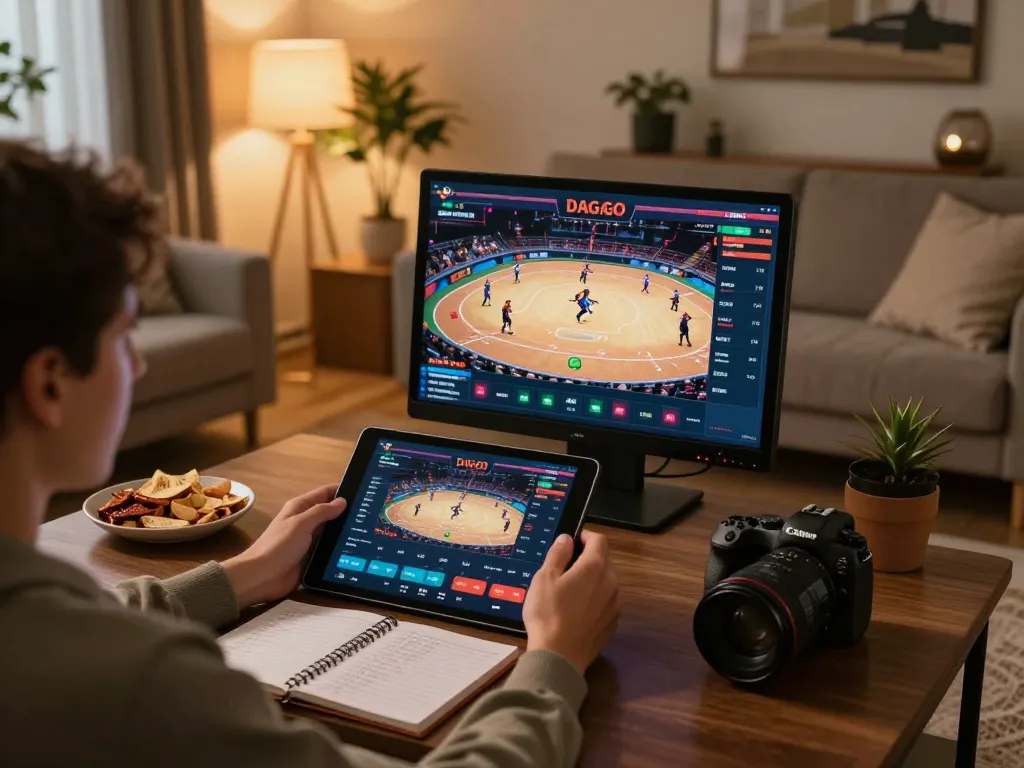 DAGAGO online betting experience with immersive live cockfighting on tablet in cozy home setting