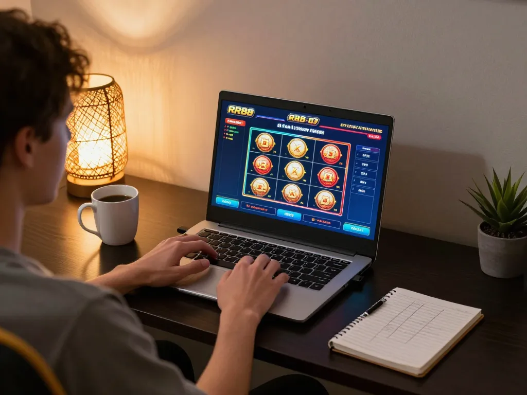 Engaged player using RR88 online casino platform on laptop, displaying vibrant gaming interface.