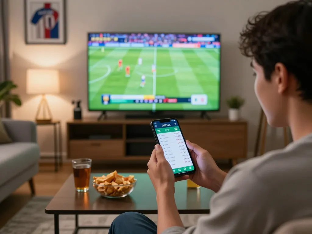 Engaging sports bettor placing แทงบอล bets on smartphone during live football match at home.