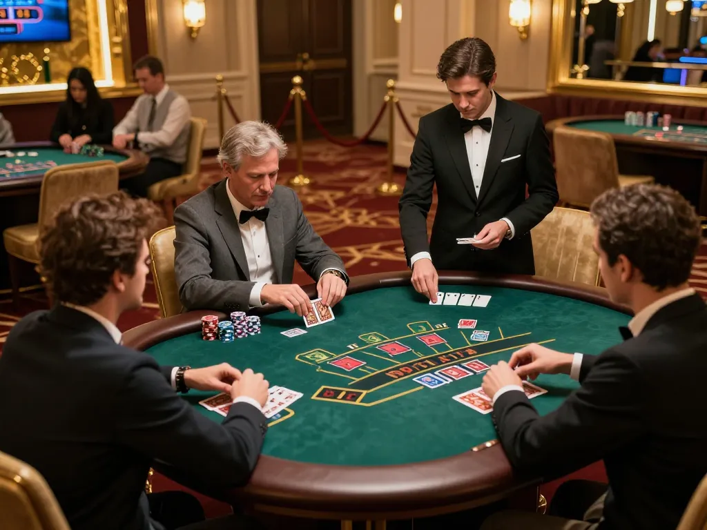 Players strategizing in a luxurious blackjack game at https://s666hn.com/ with a professional dealer in an elegant casino.
