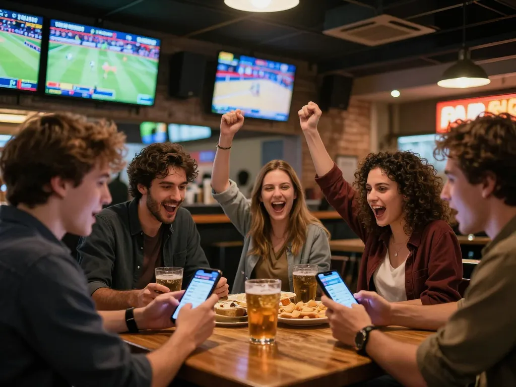 A group of friends engaged in sports betting excitement at 33win1, with vibrant screens showing live games and odds.