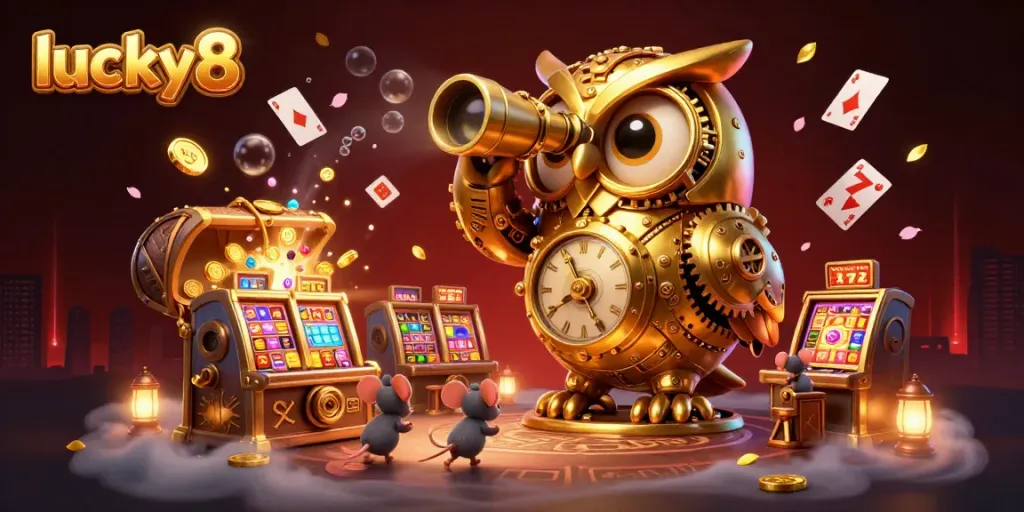 Engage with lucky8 through a vibrant and dynamic casino scene showcasing a golden owl and lucky symbols.