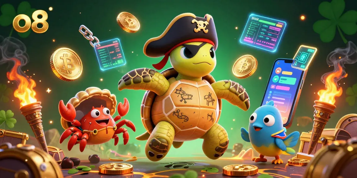Engage in thrilling gameplay at o8 with a vibrant 3D illustration showcasing a pirate turtle, crypto coins, and treasure.