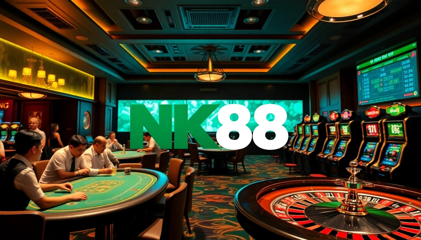 NK88 casino scene showcasing vibrant gaming tables and luxury slot machines in action.