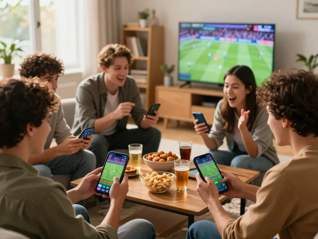 Friends enjoying sports betting on mobile devices at home with OnBet app on screen