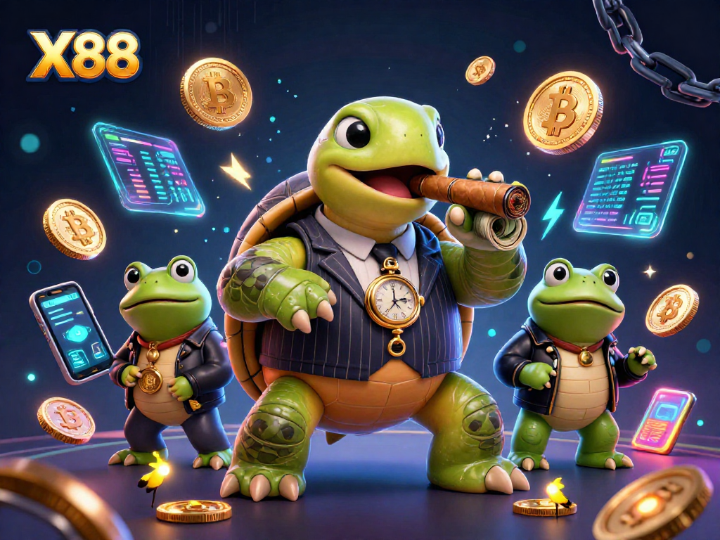 X88 casino scene showcases a snapping turtle and bullfrogs, featuring crypto coins.