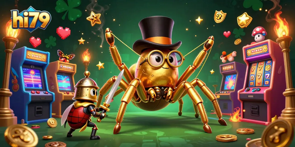 Experience luck and adventure in hi79's vibrant gaming world with a golden tarantula and beetle knight.