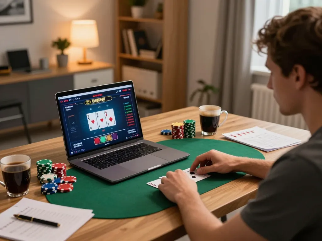 Engaged player using vu88 for online poker gameplay, displaying excitement and immersive strategy.