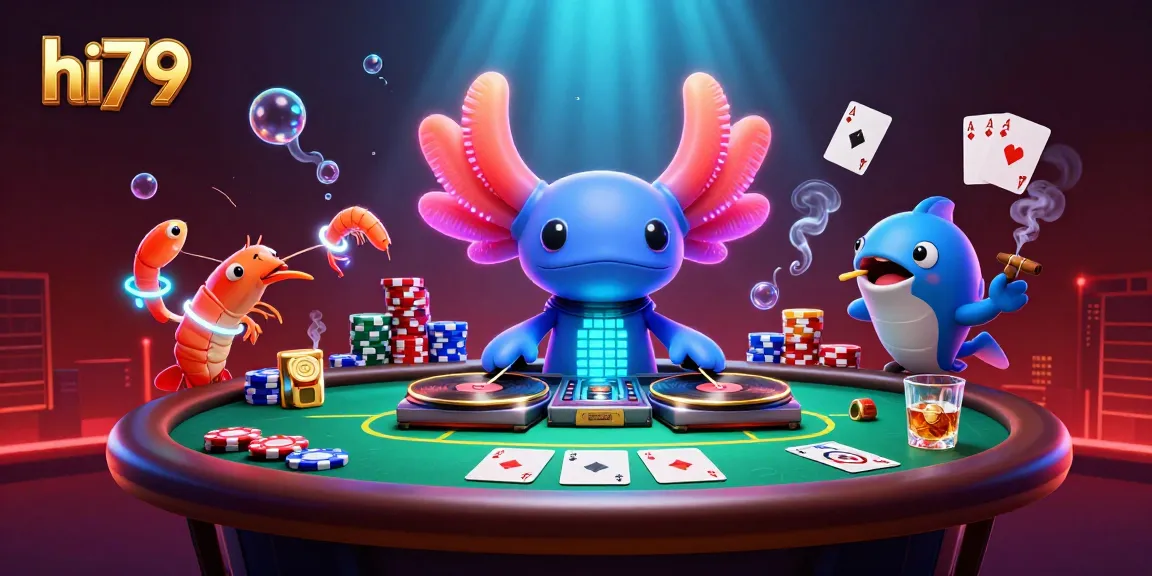 Engaging axolotl DJ spins records at a vibrant poker party in hi79