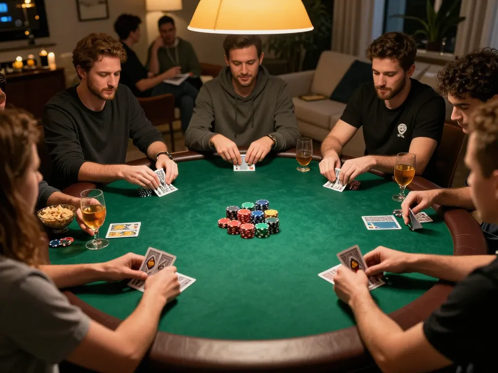 Engaging home poker night with players enjoying strategic gameplay at https://rr88.auction/ table, drinks, and snacks visible