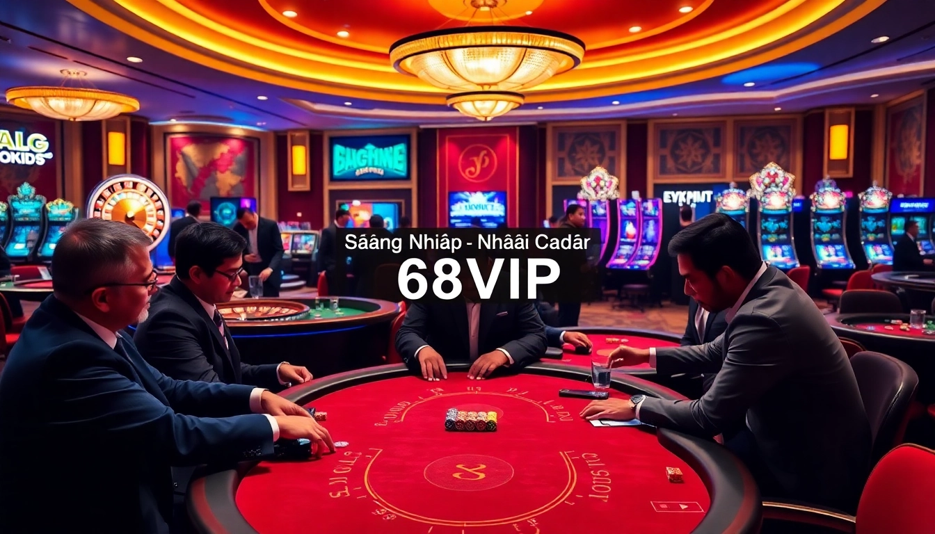 Engaging in Đăng Nhập Nhà Cái 68VIP through a vibrant casino scene, players at the poker table.
