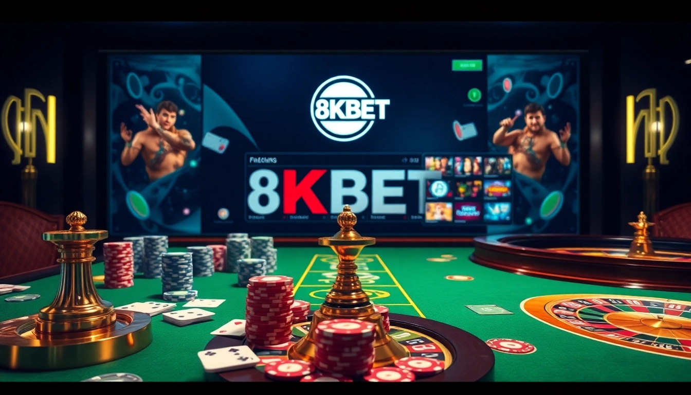 Engage in high-stakes gameplay with 8KBET's luxurious online gambling setup featuring poker chips and roulette.