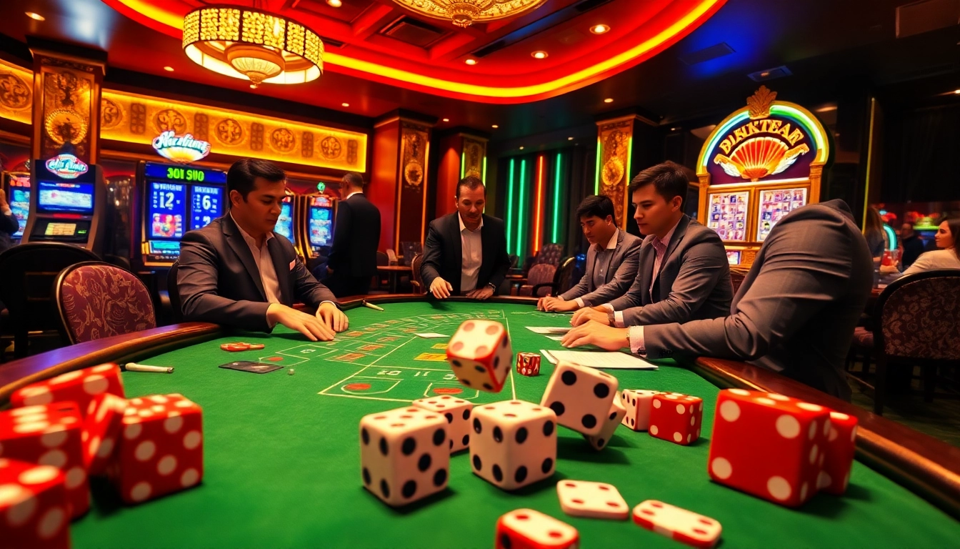 Gamblers experiencing excitement at win678 com's online casino games, showcasing poker chips and tables.