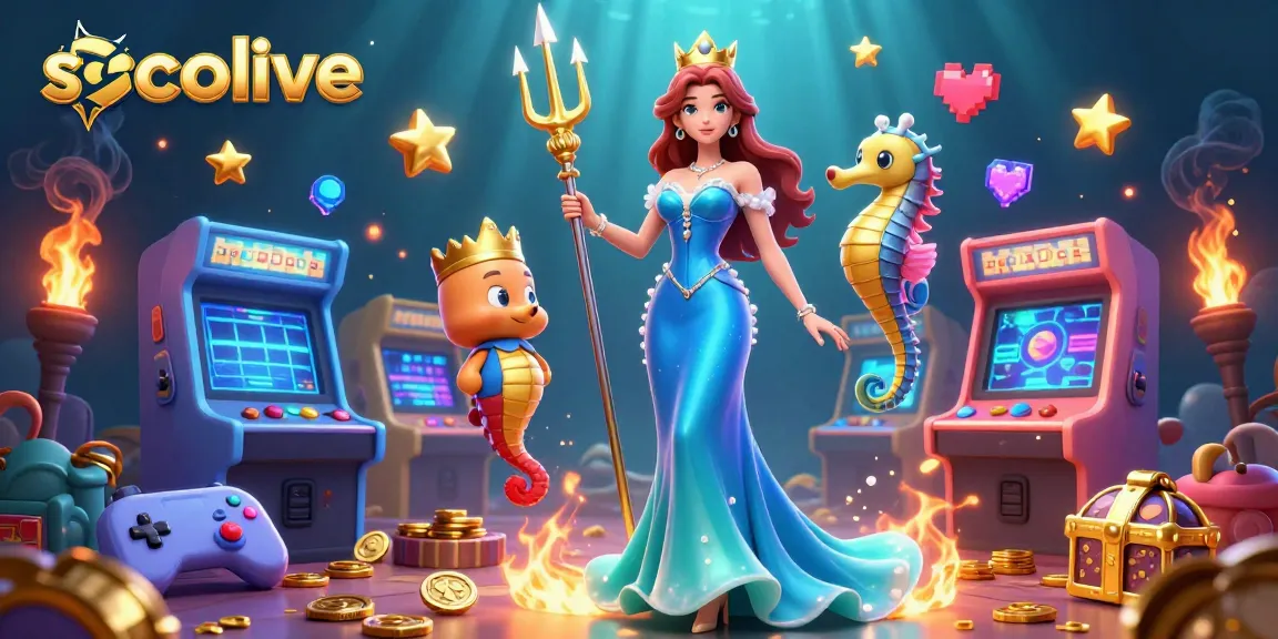 Socolive showcases a vibrant 3D digital scene with a woman in an ocean-blue gown, a seahorse king, and dynamic gaming elements.
