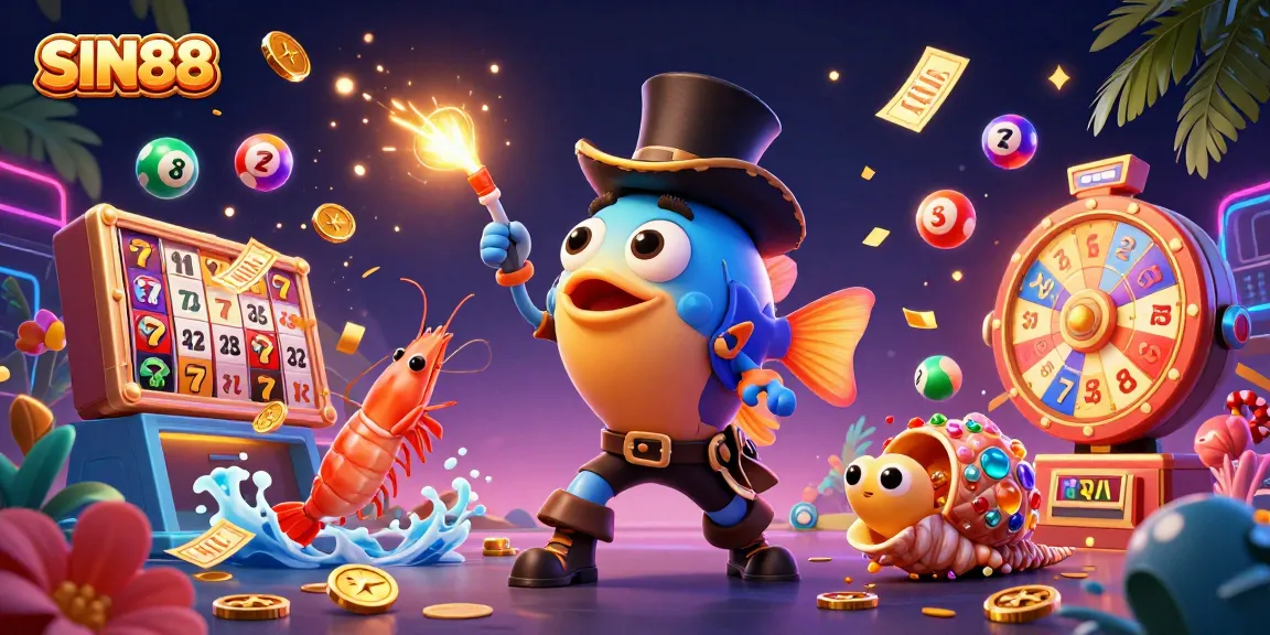 SIN88 casino experience with vibrant slot games, colorful lottery balls, and dynamic treasure elements