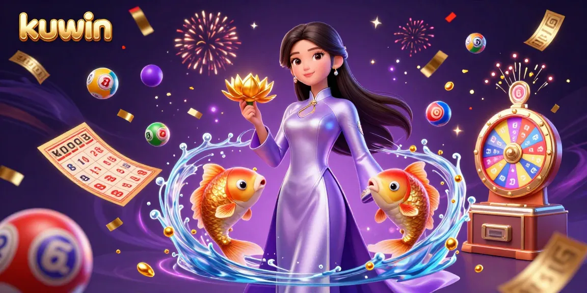 Kuwin showcases an immersive gaming experience with live action and vibrant lottery elements.