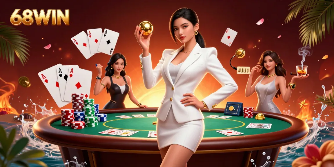Experience thrilling gameplay at 68WIN with golden roulette and poker elements in a vibrant casino setting.