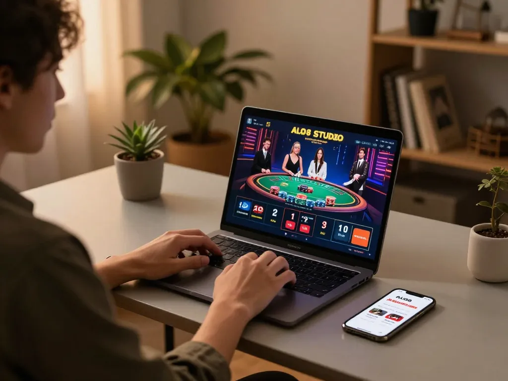 Person enjoying an ALO8 STUDIO online gaming session with live dealer game interface.