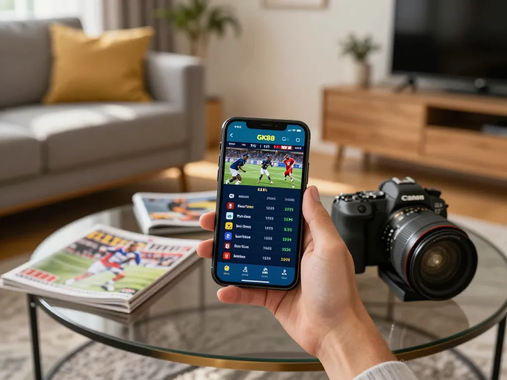 Engaging in strategic sports betting with GK88 app on smartphone in a cozy setting