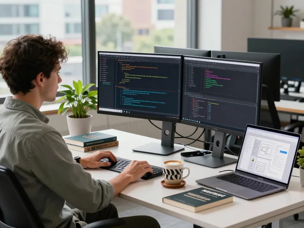 Moltbot personal AI assistant in a modern workspace with dual monitors displaying coding tasks and automation, showcasing developer productivity.
